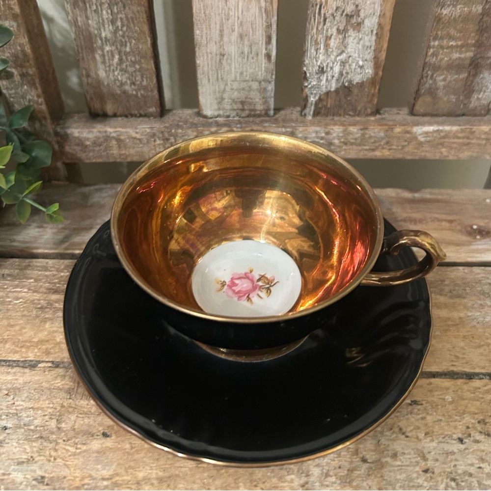 Vintage WINTERLING BAVARIA GERMANY TEACUP and SAUCER Set, Gold Black Floral